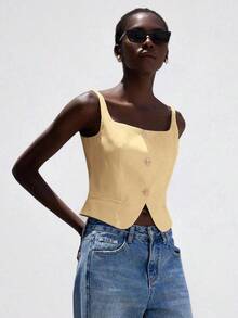 Camiseta sin mangas de cuello en U ajustada y elegante para mujeres, adecuada para ir al trabajo - Amarillo - Ver 3