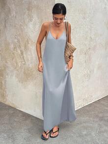 Vestido largo elegante de mujer con tirantes finos, espalda descubierta y lentejuelas, adecuado para fiestas, bodas, playa y vacaciones, color negro, para verano - Azul - Ver 5
