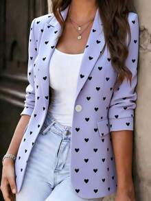 Women's White Long Sleeve Polyester Blazer Jacket With Heart Pattern And Button Design, Fashionable And Elegant - Mauve Purple - View 8