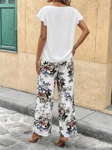 Conjunto de 2 piezas de blusa con corbata de moño y pantalones de pierna recta para mujer - Blanco - Ver 7
