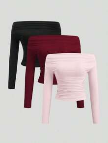 Conjunto de 3 piezas para mujer: Blusa de manga larga hombros descubiertos, blusas cortas entalladas, cómodas y amigables con la piel, versátil y estilizador - Multicolor 6 - Ver 8
