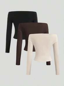 de 3 piezas Blusa corta de manga larga y hombros descubiertos para mujer, cómoda y amigable con la piel, ajuste ceñido - Multicolor 15 - Ver 2