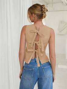 1 pieza Blusa elegante sin mangas de unicolor con espalda descubierta y lazo - Caqui - Ver 6