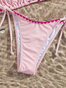 Bikini de 2 piezas de unicolor con escote halter y lazos, sexy y elegante para playa, vacaciones, viajes y fiestas. Nuevo para primavera/verano - Capullos de color rosa claro y rojo rosado. - Ver 6