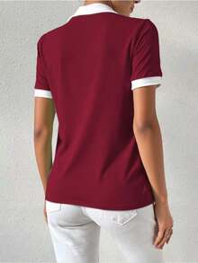 Camiseta de mujer con cuello polo, manga corta, estampado de lunares y parches - Burdeos - Ver 2
