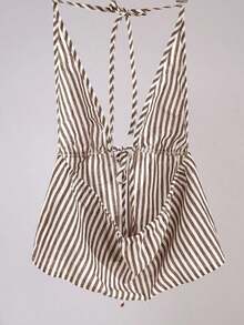 Parte superior de camisa de tirantes con cuello halter a rayas, camiseta de gráficos de verano para mujer - Café integral - Ver 2