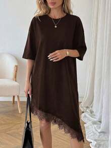 Vestido de talla media de manga corta con bajo asimétrico, de uso diario, de vacaciones y casual, de unicolor con parches de encaje, de moda básica para mujeres - Marrón - Ver 4