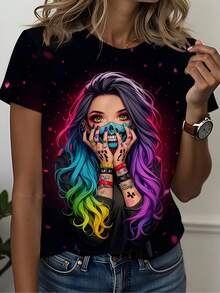 Camiseta de Mujer Plus Talla Negra con Diseño Gráfico de Tatuaje Atrevido - Estilo Urbano Colorido con Arte de Pintura Facial y Cabello Azul, Cuello Redondo Manga Corta para Festivales de Música y Ropa Casual, Lavable a Máquina, Camiseta de Declaración Audaz - Colores mezclados - Ver 5