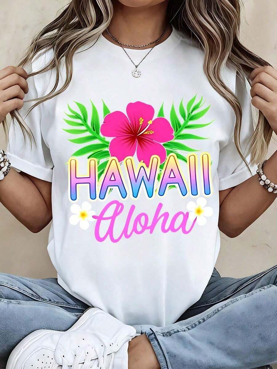 1 Piece Women's Round Neck T-Shirt, Hawaiian Floral Aloha Print, Short Sleeve, Summer, Beach, Vacation, Casual Style, 180g 100% Cotton - 白色 - 查看 1
