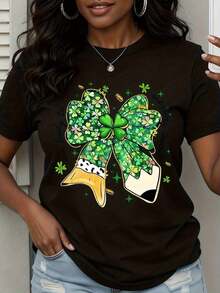 1 Piece Women's T-Shirt For St. Patrick's Day, Bow And Pencil Design With Green Shamrock, White, Casual, 180g 100% Cotton - 黑色 - 查看 12
