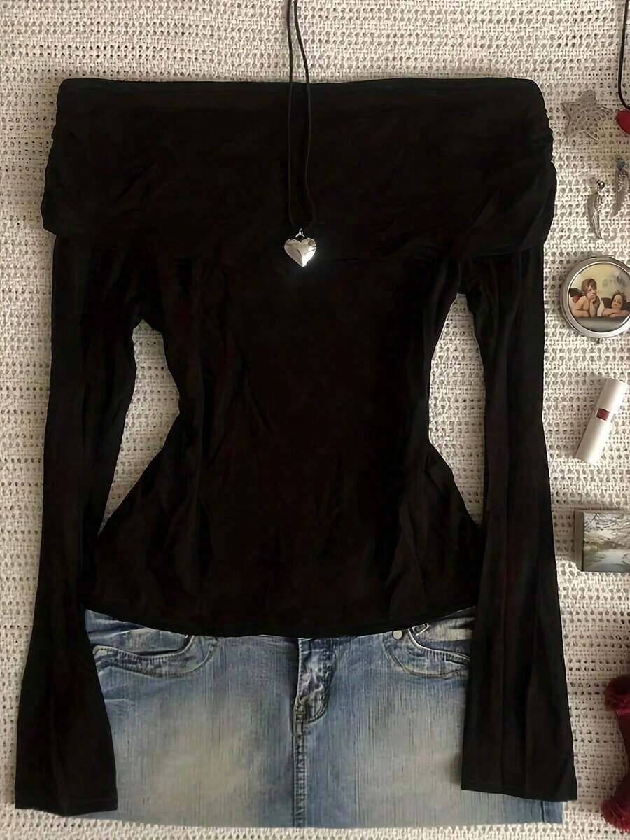 Top de manga larga con hombros descubiertos de unicolor negro, informal de primavera - Negro - Ver 1