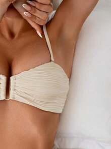 Swim Conjunto de bikini de verano para mujer de unicolor con pliegues y sexy - Albaricoque - Ver 3