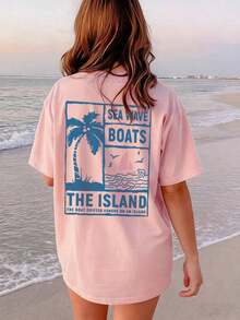 Women's Casual Short-Sleeved T-Shirt With A Round Neck, Palm Tree And Letter Print, Ideal For Summer. Versatile And Fashionable For Everyday And Vacation Style. Graphic Blouses For Women In White, Black, And Pink. - 羅莎 - 查看 7