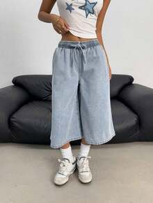 Pantalones vaqueros anchos de cintura con cordón de mezclilla elástica desgastada a la moda Y2K para adolescentes, pantalones cortos bohemios de verano para playa y vacaciones para niñas, conjuntos informales de verano para conciertos y festivales, - Lavado ligero - Ver 5