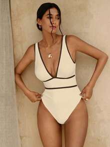 Traje de baño de una pieza con escote profundo en 'V' y espalda en 'U' de unicolor elegante y sexy para mujeres en primavera - Albaricoque - Ver 1