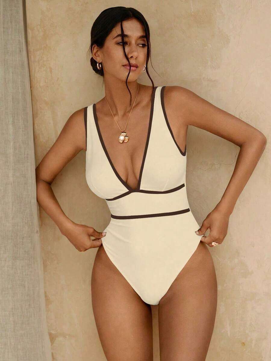 Traje de baño de una pieza con escote profundo en 'V' y espalda en 'U' de unicolor elegante y sexy para mujeres en primavera - Albaricoque - Ver 1