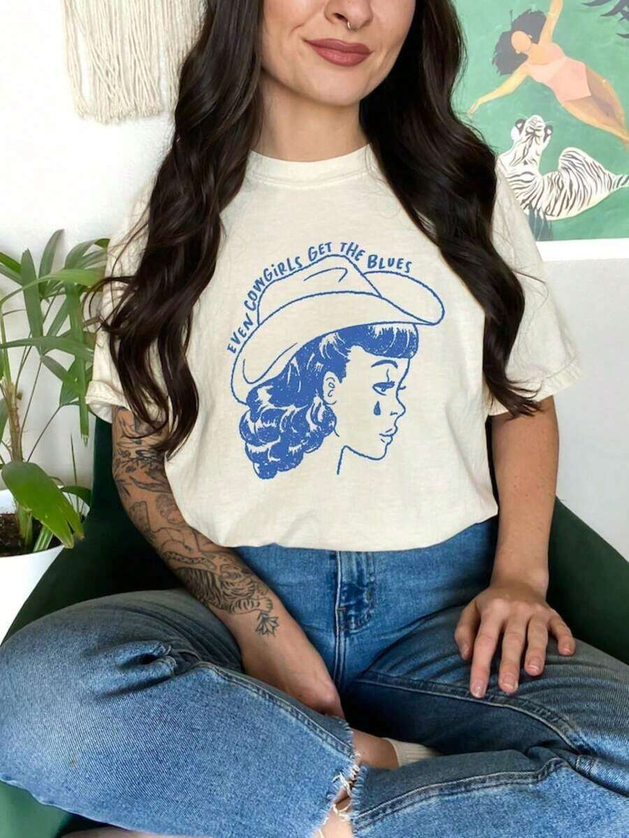 Incluso las vaqueras se deprimen, Camiseta, Moda Vaquera, Camiseta Vaquera, Vaquera Vintage, Moda Western Vintage, Camiseta de Algodón Grueso Clásica de Manga Corta 100% Algodón, Camiseta con Estampado Gráfico, Top Casual de Manga Corta para Mujer - Blanco - Ver 1
