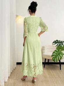 Vestido largo de manga larga con parches de bordado de ojal amarillo para mujeres - Verde - Ver 3
