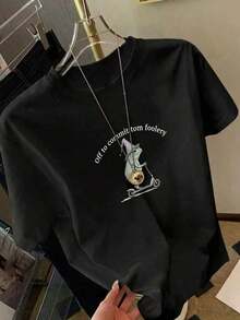 Camiseta Gráfica con Slogan de Rana Divertida para Mujer de Talla Grande, Casual de Verano - Negro - Ver 9