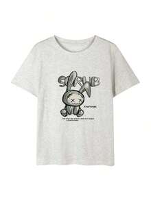 Women's Short-Sleeved T-Shirt, Rabbit Print Design, Round Neck, Casual, Versatile, For Young Girls, Black Color, Spring/Summer. - Light Grey - View 3