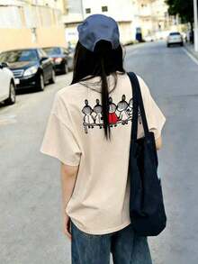 Women's Casual Cotton T-Shirt, Short Sleeve And Round Neck, With A Cute Print On The Back, Perfect For Everyday Wear, Regular Length, With Moderately Elastic Fabric, Cute And Casual Style. - 杏 - 查看 1