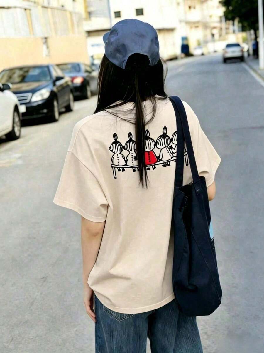 Women's Casual Cotton T-Shirt, Short Sleeve And Round Neck, With A Cute Print On The Back, Perfect For Everyday Wear, Regular Length, With Moderately Elastic Fabric, Cute And Casual Style. - 杏 - 查看 1