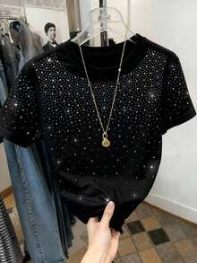1 pieza Camiseta de cuello redondo de manga corta con adorno de rhinestones minimalista y de moda para mujer, un gran regalo para amigos - Negro - Ver 4