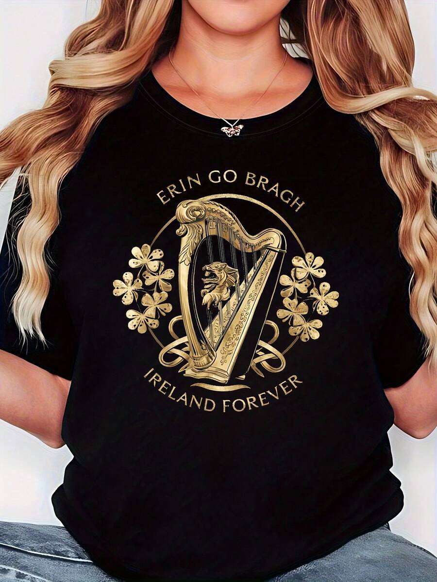 Luxury St. Patrick's Day T-Shirt "ERIN GO BRAGH IRELAND FOREVER" With Irish Culture Print, Harp And Shamrock For Women, Casual Short Sleeve Crew Neck T-Shirt For Spring/Summer, Daily Wear, Festive Gift, Graphic Print. - 黑色 - 查看 1