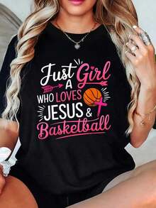 100% Cotton Women's Cotton T-Shirt, Simply A Girl Who Loves Jesus And Basketball, Christian T-Shirt For Women, Cute Blouses For Women - 黑色 - 查看 6