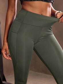 Mallas deportivas de cintura ancha con bolsillo para teléfono, pantalones de yoga para mujer - Verde militar - Ver 5