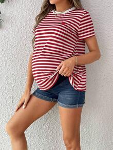 Camiseta De Maternidad De Cuello Redondo A Rayas De Manga Corta Para Verano - Rojo - Ver 6
