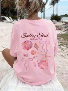 Conjuntos de Verano para Mujer 2026 Primavera/Verano: Nueva Camiseta de Verano de Manga Corta para Mujer con Cuello Redondo, Estampado Artístico de Conchas y Estrellas, Estilo Casual para Vacaciones en la Playa, Estampado de Doble Cara, Holgada y Cómoda, Ropa de Verano para Mujer. - Estilo - Ver 3