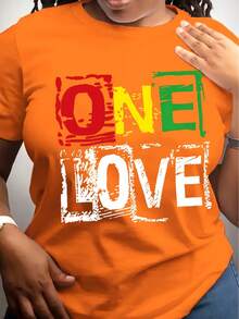 Camiseta con estampado "One Love", Top casual de manga corta y cuello redondo para verano y primavera, ropa de mujer - Negro - Ver 8