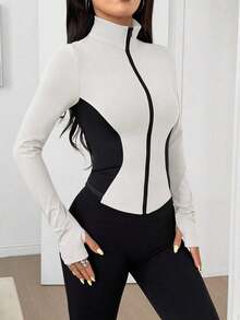Chaqueta de manga larga de punto ajustada con protección solar para mujer en otoño/invierno, color albaricoque - Blanco y Negro - Ver 3