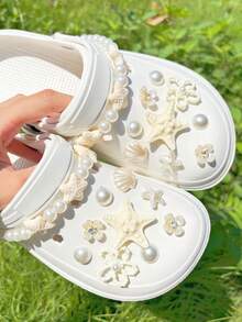 20pcs White Ocean Series Shoe Charms, Shell, Starfish, Bow DIY Accessories, Charm Set For Perforated Slippers - White Starfish Long Chain - View 6