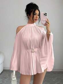 Elenzya Elegante camisa/blusa de mujer con mangas acampanadas y cintura ceñida para vacaciones - Rosa - Ver 3