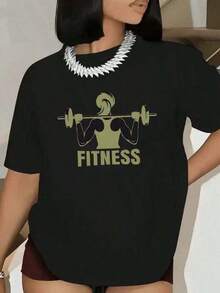 Camiseta Deportiva con Estampado Gráfico para Mujer - Camiseta Elástica de Peso Medio con Cuello Redondo, Lavable, para Gimnasio y Uso Casual, Comodidad para Todas las Temporadas, Camisetas Deportivas, Camiseta Casual, Estilo Casual, Material No Transparente - Negro - Ver 2
