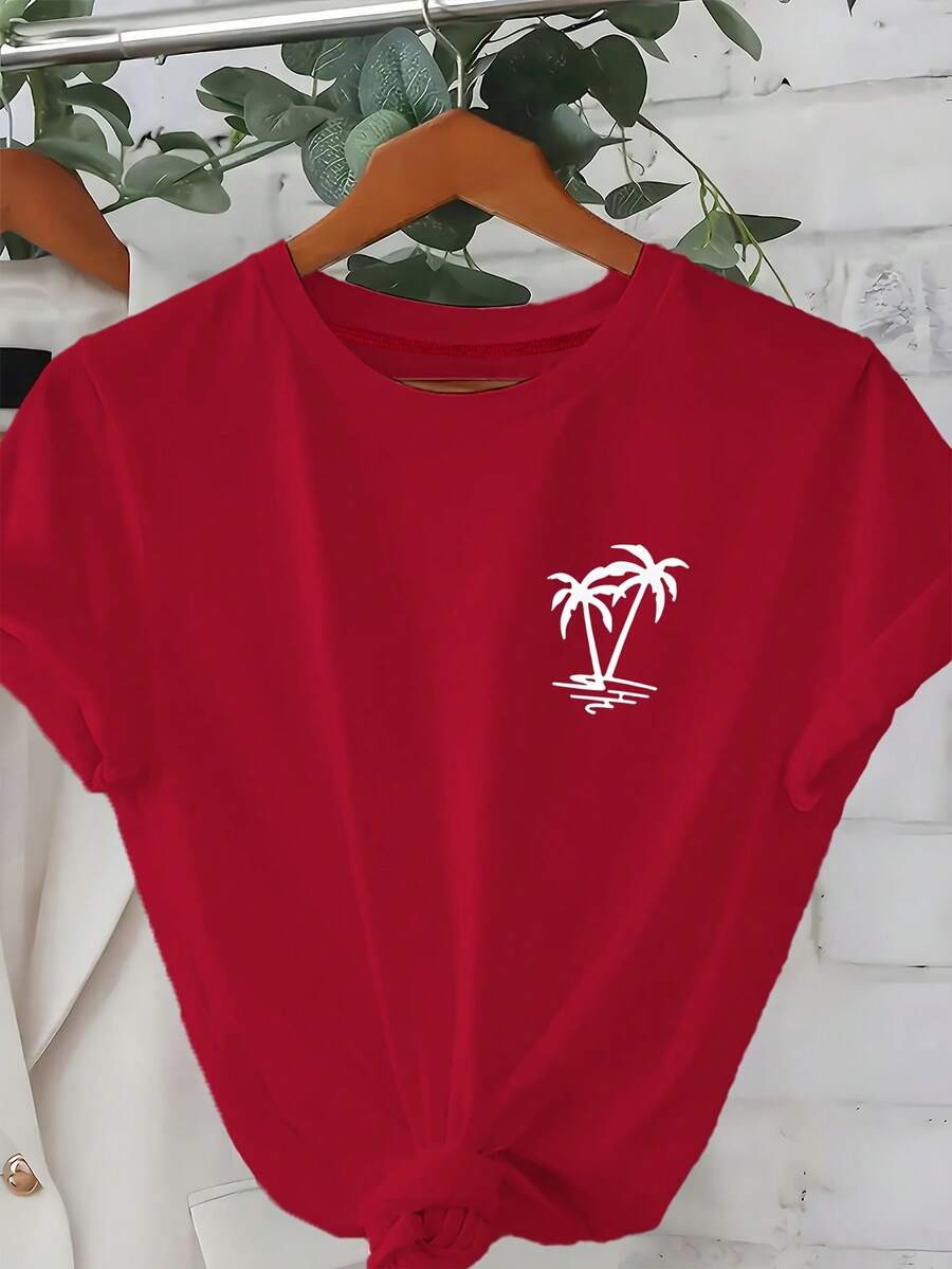 Women's T-Shirt With Tropical Coconut Print, Featuring A Simple Coconut Tree Design, Conveys The Relaxed Vibe Of The Island And The Sun, Ideal For Summer And The Perfect Holiday Gift. - 紅色 - 查看 1