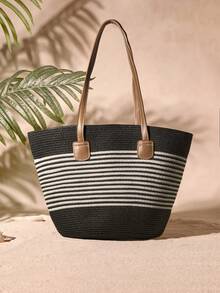 Tropiscape 1 Straw Hat + 1 Straw Bag Cottagecore,SummerOutfit - Black - View 3