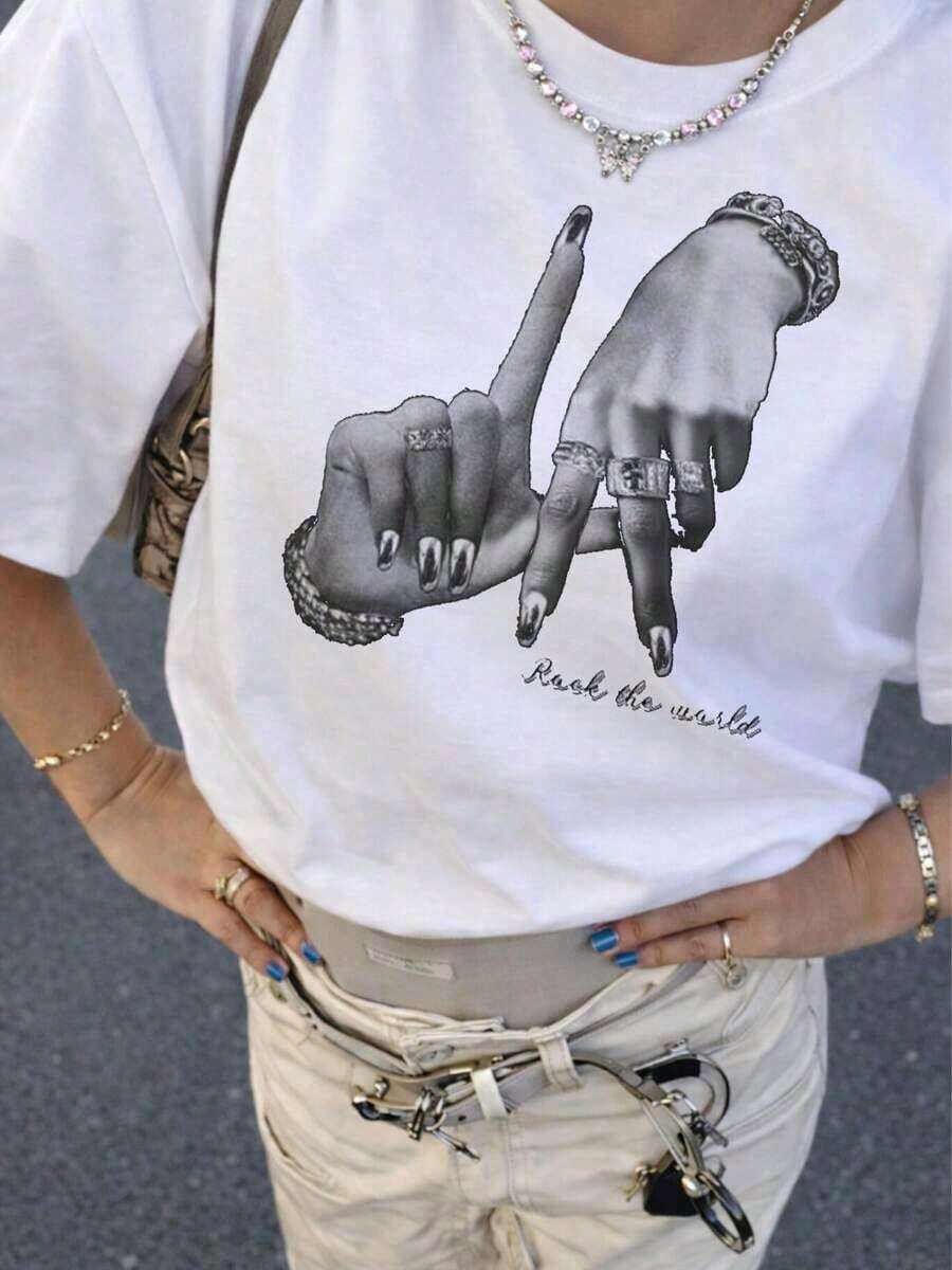 Camiseta Casual para Mujer, Diseño Gráfico de Gestos con las Manos, Estilo Y2K, Manga Corta, Cuello Redondo, Corte Regular, 100% Algodón, Resistente - Blanco - Ver 1