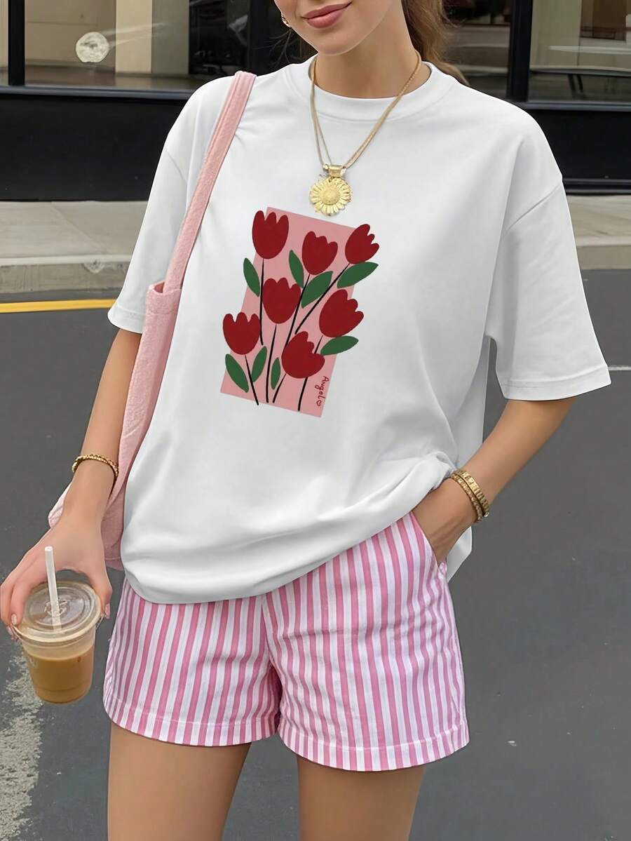 New Spring/Summer Season Women's T-Shirt With A Print, Short Sleeves, And A Round Neck. A Basic Style That's Comfortable, Cool, And Lightweight, With A Youthful, Modern, And Casual Look. A Sweet And Delicate Design, Perfect For Spring And Summer. - 白色 - 查看 1