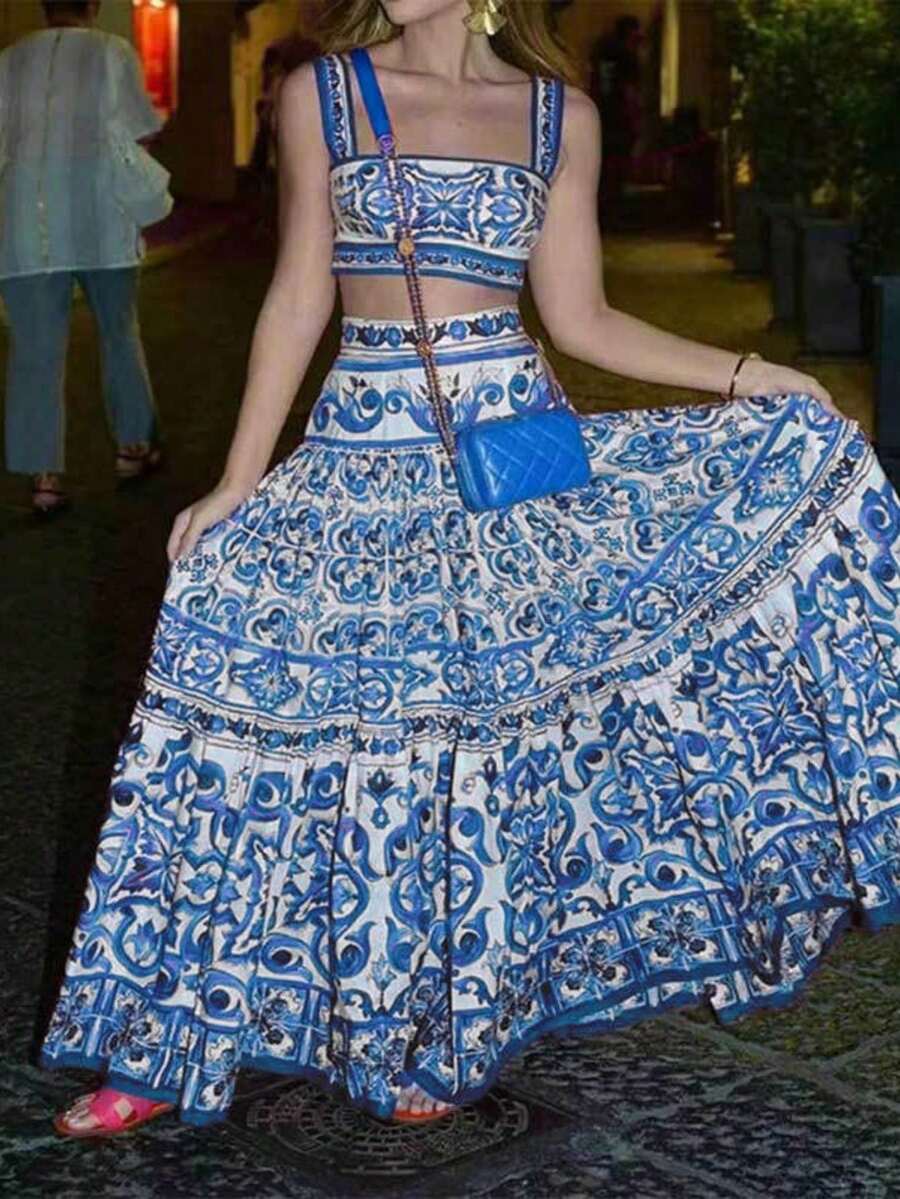 Conjunto de 2 piezas nuevo de primavera para mujer, elegante, estampado, top de tirantes y falda, diseño favorecedor, perfecto para looks de día y ocasiones informales - Plano - Ver 1