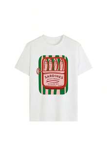 Camiseta de manga corta con estampado retro de lata de sardinas para mujer, camiseta oversize con gráfico estético de mariscos, top vintage casual de cuello redondo para uso diario, vacaciones en la playa, atuendo de verano, ropa urbana. - Blanco - Ver 2
