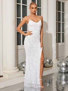 Vestido de noche con abertura alta en el muslo, con lentejuelas y diseño de patchwork, con espalda descubierta y silueta de sirena para mujer - Blanco - Ver 3