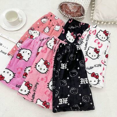 SANRIO Hello Kitty 夏季新款高腰阔腿休闲运动短裤，柔软法兰绒面料，女士款