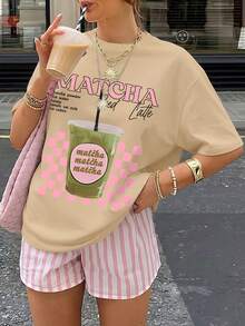 Women's Matcha Green Summer T-Shirt, Casual Round Neck Short Sleeve Design, Suitable For Vacation, Parties, And Everyday Wear - Unisex Loose Cotton Short Sleeve Round Neck Vintage Style T-Shirt, Blouses For Women. Casual Blouses For Ladies. - 杏色 - 查看 1