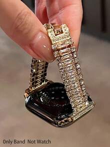 1pc Women's Luxury Triple-Row Sparkling Diamond Metal Watch Band, Gold Color, Compatible With Apple Watch Band Size 38/40/41/42/44/45/46/49mm, Compatible With Apple Watch Ultra/SE, Series 11/10/9/8/7/6/5/4/3/2/1 Smartwatch, Suitable For Birthday Party, Birthday Gift, High-End Luxury Strap - Gold - View 5