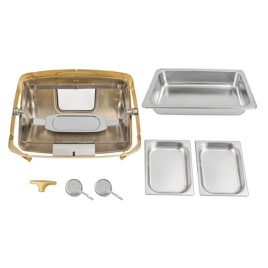 [SHZICMY]Roll Top Chafing Dish Buffet Set, 9L Stainless Steel Chafer, Rectangle Catering Warmer Server With Visible Lid Water Pan Fuel Holder,Chafing Dishes Roll Top Chafing Dishe, Chafing Dish With 2 Food Pans & Visible Lid, Rectangular Food Warmer - Gold - 14.8 Quart - View 1