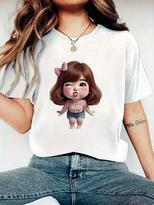 Plus - Plus - Women's Creative Printed T-Shirt, Perfect For Any Season, With A Stylish And Casual Design. This Comfortable And Colorful Retro T-Shirt Is Ideal For Everyday Wear. Casual Short-Sleeved T-Shirt For Women, Standard Basic T-Shirt. - 白色 - 查看 7