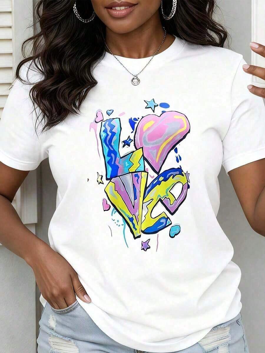 Women's Colorful Love Graffiti Print Short Sleeve T-Shirt, Casual Short Sleeve Top, Fashion Graphic Tee, Summer Clothes, Urban Style Outfit, Casual. - 白色 - 查看 1